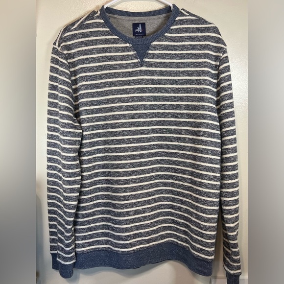 Johnnie O Sweater Mens Medium Gray Striped Crewneck Preppy Casual Coastal
